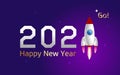 Happy New Year 2021 banner, number 1 in the form of a rocket flying upwards against the background of the starry sky.